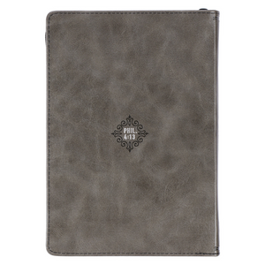 Personalized Journal All things through Christ Gray Faux Leather with Zipper Closure Philippians 4:13