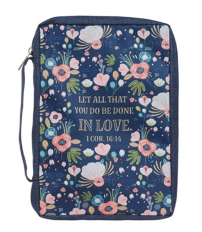 1 Corinthians 16:14 Floral Blue Canvas Medium Bible Cover